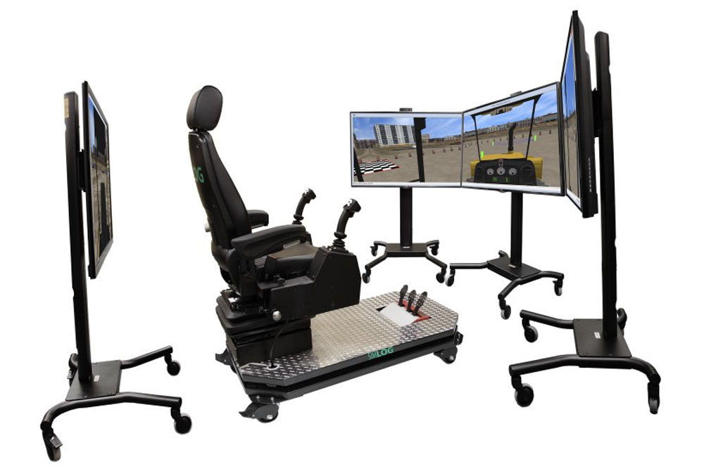 Allegheny Educational Systems Simlog Bulldozer Personal Simulator Operator Chair with industrial Controls on a white background