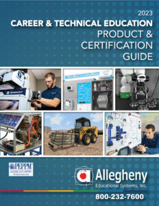 Allegheny Educational Systems Career & Technical Education Product and Certification Guide cover featuring Tormach, Amatrol, Productive Robotics, ConsuLab, Simlog, and LJ Create trainers on a blue background.