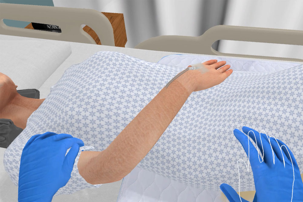 Allegheny Educational Systems VRSim VRNA trainer view of students virtual hands moving female patient.