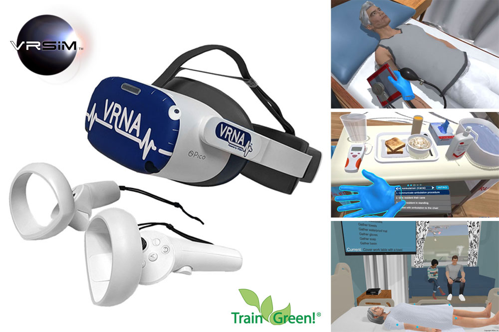 Allegheny Educational Systems VRSim VRNA Training headset and wrist controls with screen shots of virtual reality skill exercises. Checking patient blood pressure, scrolling through list of skills tasks, and full room view of patient in bed and visitors sitting by window.