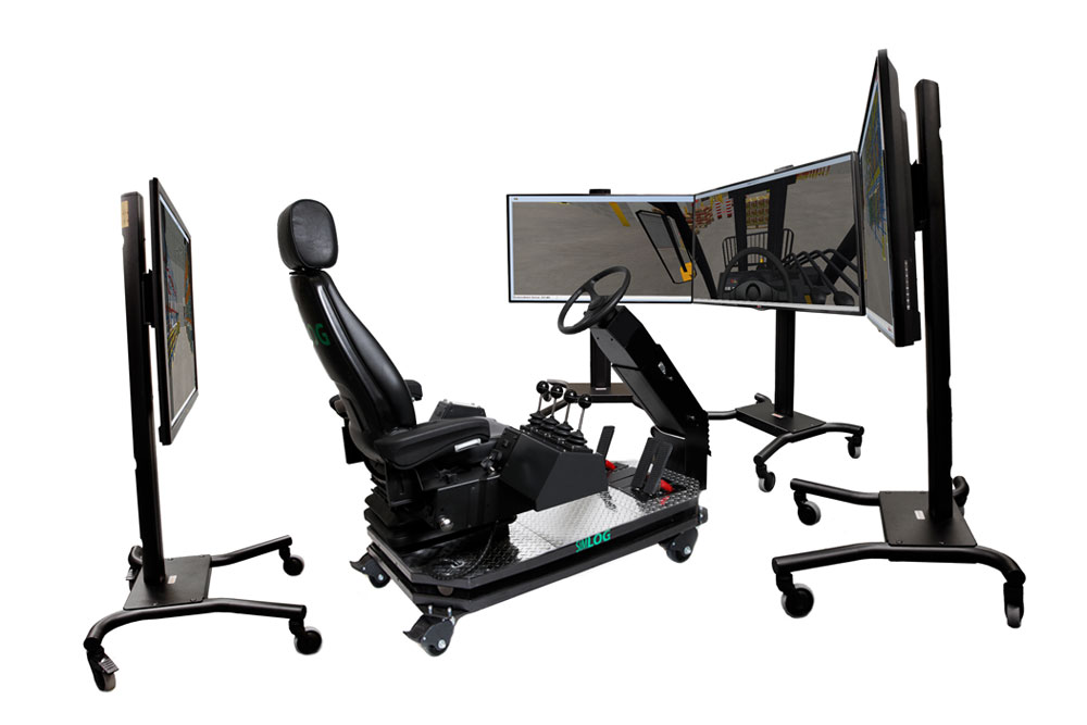 Allegheny Educational Systems Simlog Forklift Personal Simulator Operator Chair with Industrial Controls and four screen setup on a white background