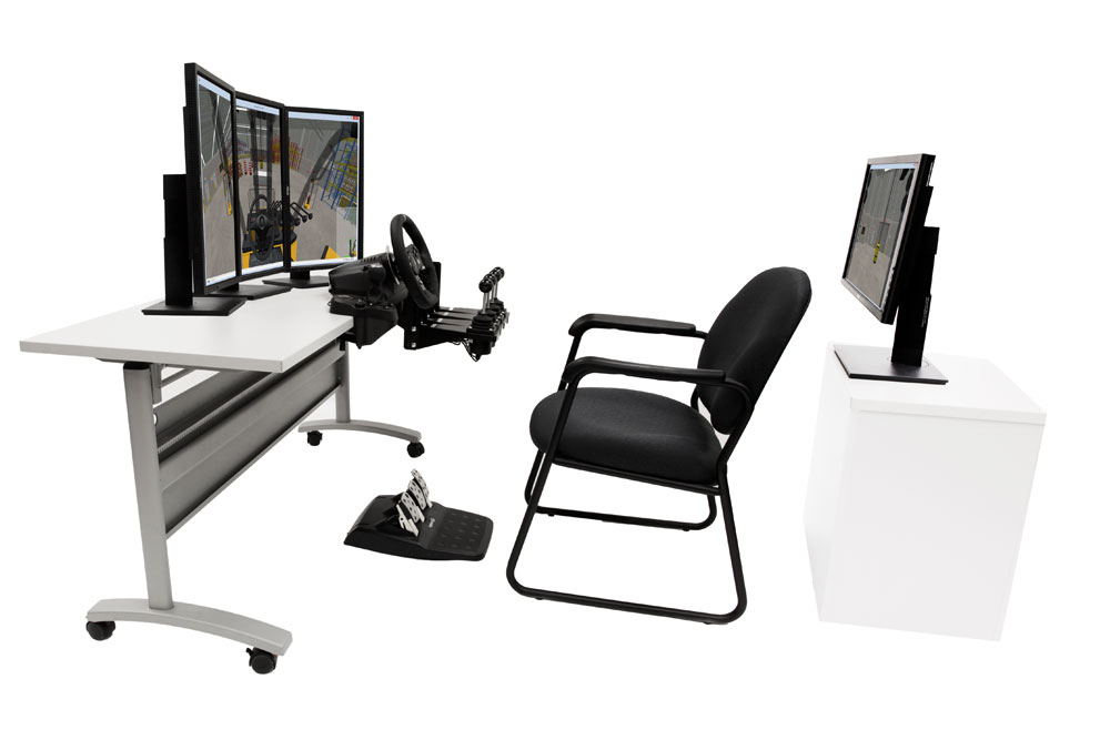 Allegheny Educational Systems Simlog Forklift Personal Simulator Table-top Controls with four screen setup on a white background