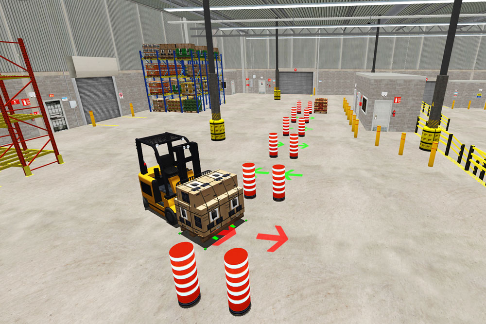 Allegheny Educational Systems Simlog Forklift Personal Simulator moving pallets in a warehouse screen shot
