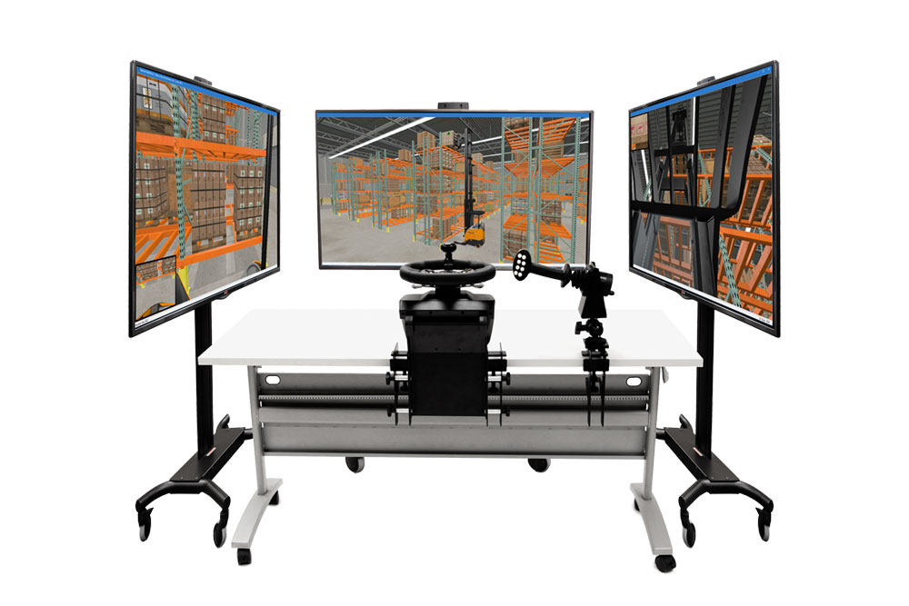 Allegheny Educational Systems Simlog Reach Lift Truck Personal Simulator three screen setup on a white background
