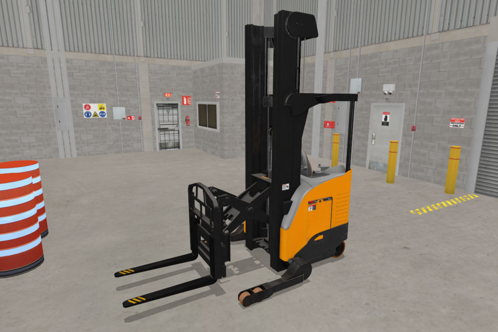 Allegheny Educational Systems Simlog Reach Lift Truck Personal Simulator in a warehouse screen shot